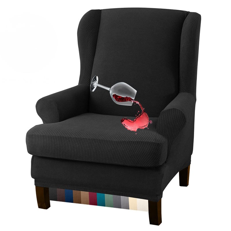 Granbest Premium Water Repellent Wingback Chair Cover 2-Piece High Stretch Jacquard Fabric Wing Back Chair Slipcovers (Wing Chair Cover, Black) - Image 1
